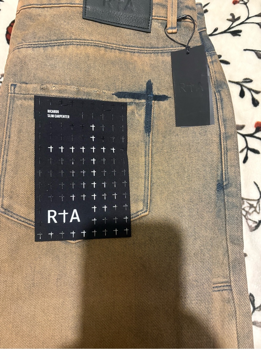 RtA Men's Slim Carpenter Jeans in Washed Tan with Faded Blue Accents